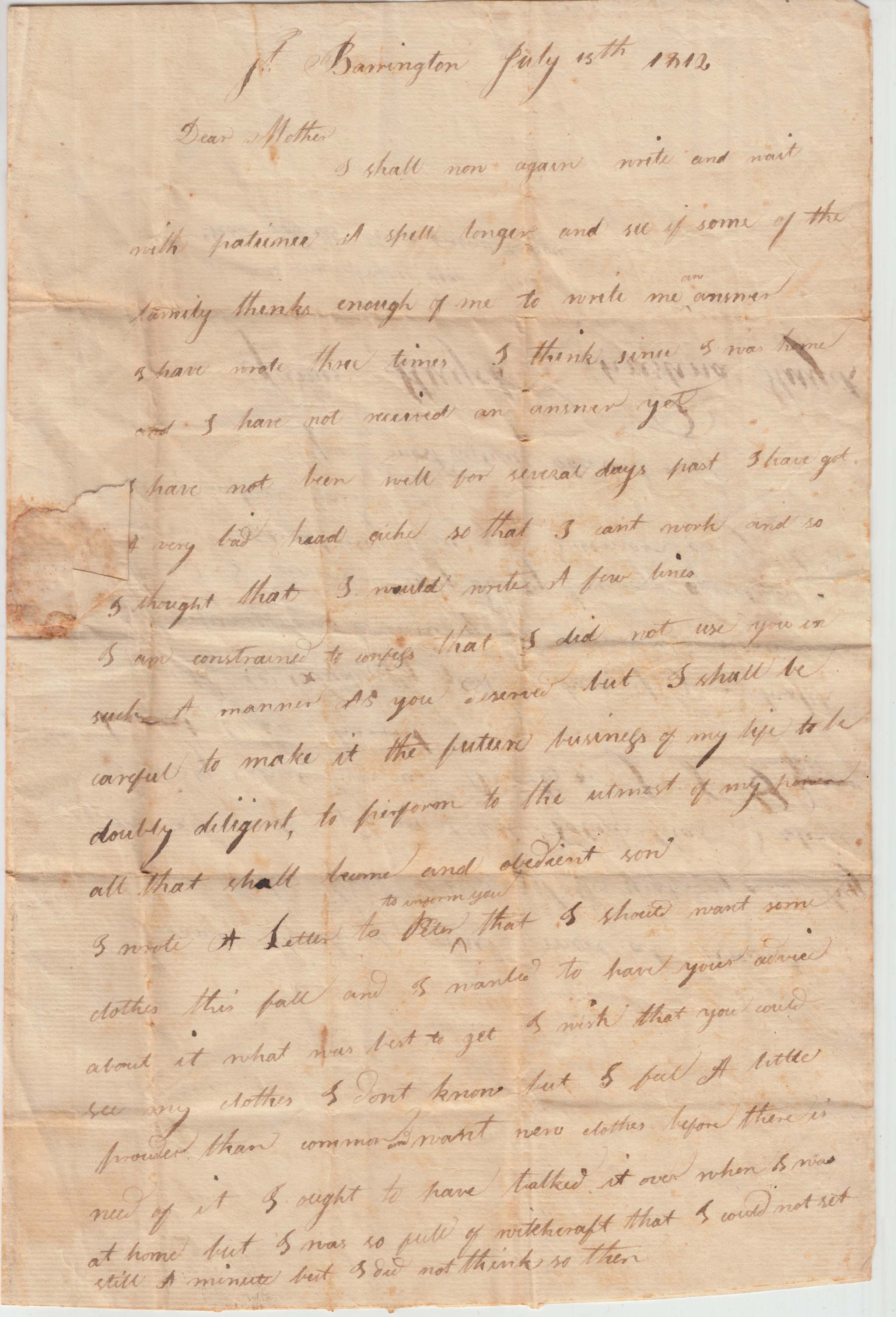 BH032, 1812-07-15 Letter, James Huyck Writes Home to Mother